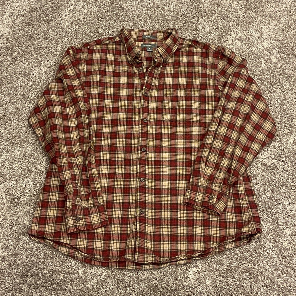 Eddie Bauer Red and Cream Plaid Button-Down Shirt, Size L